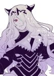  armor breasts camilla_(fire_emblem_if) cleavage fire_emblem fire_emblem_if hair_over_one_eye kiyuu long_hair monochrome 