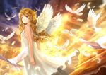  1girl animal antenna_hair bird bird_wings blonde_hair blue_eyes closed_mouth clouds dress light_rays looking_at_viewer looking_back ocean original reflection siro sleeveless white_dress wings 