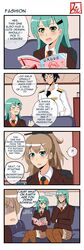  &gt;:d 1boy 2girls 4koma :d admiral_(kantai_collection) artist_name black_hair blue_eyes brand_name_imitation brown_hair comic drie english green_eyes green_hair hair_ornament hairclip highres kantai_collection kumano_(kantai_collection) long_hair magazine military military_uniform multiple_girls naval_uniform o_o open_mouth pleated_skirt ponytail school_uniform shaded_face signature sitting skirt smile suzuya_(kantai_collection) suzuya_(kantai_collection)_(cosplay) thigh-highs uniform 