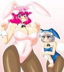  2girls akasode_(tyaramu) animal_ears blue_eyes blush bowtie breasts bunny_girl bunnysuit cleavage detached_collar konpaku_youmu konpaku_youmu_(ghost) large_breasts multiple_girls open_mouth pantyhose pink_eyes pink_hair plump rabbit_ears saigyouji_yuyuko short_hair silver_hair skindentation touhou wrist_cuffs 