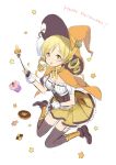  1girl adapted_costume blonde_hair brown_legwear capelet cookie corset cupcake detached_sleeves doughnut drill_hair fingerless_gloves food gloves hair_ornament hairpin halloween hat mahou_shoujo_madoka_magica mijinkouka pleated_skirt puffy_sleeves pumpkin skirt star striped striped_legwear thigh-highs tomoe_mami twin_drills vertical-striped_legwear vertical_stripes wand witch_hat wrapped_candy yellow_eyes 