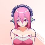  1girl blush breasts cleavage headphones large_breasts long_hair looking_at_viewer nitroplus pink_hair red_eyes smile solo strap_slip super_sonico syo_amabane 