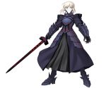  1girl armor armored_boots armored_dress black_dress blonde_hair dress fate/stay_night fate_(series) gauntlets highres higurashi_ryuuji holding_sword holding_weapon official_art saber saber_alter solo transparent_background yellow_eyes 