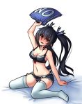 angry black_hair blush breasts choujigen_game_neptune cleavage garter_belt lingerie monorus neptune_(series) no noire red_eyes ribbon thigh-highs twintails underwear yes-no_pillow 