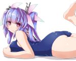  1girl ass barefoot blue_hair blush breasts dd_(ijigendd) hair_ornament hair_ribbon i-19_(kantai_collection) kantai_collection large_breasts long_hair looking_at_viewer lying on_stomach one-piece_swimsuit red_eyes ribbon school_swimsuit smile solo star star-shaped_pupils swimsuit symbol-shaped_pupils twintails 