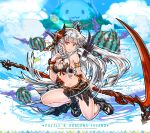  1girl black_valkyrie_(p&amp;d) breasts cleavage food fruit full_body hair_ornament highres hino_shinnosuke long_hair navel official_art puzzle_&amp;_dragons red_eyes scythe simple_background smile solo valkyrie_(p&amp;d) watermelon white_background white_hair wings 