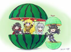  4girls black_hair blake_belladonna blonde_hair blue_eyes bow cape dog fingerless_gloves food fruit gloves hair_bow helpyourselfish long_hair multiple_girls parody redhead ruby_rose rwby sazae-san side_ponytail violet_eyes watermelon weiss_schnee white_hair yang_xiao_long yellow_eyes zwei_(rwby) 