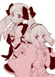  2girls dress elise_(fire_emblem_if) fire_emblem fire_emblem_if gloves hair_ribbon hairband kiyuu long_hair monochrome multiple_girls ribbon sakura_(fire_emblem_if) twintails 