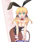  1girl adapted_costume animal_ears blonde_hair bowtie bunnysuit chair detached_collar green_eyes highres kantai_collection long_hair mono_(mono60) pantyhose prinz_eugen_(kantai_collection) rabbit_ears twintails wrist_cuffs 