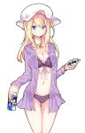  1girl bikini blonde_hair blue_eyes bracelet breasts can cellphone cleavage coat hat jewelry long_hair maribel_hearn navel necklace phone purple_bikini shirofox smartphone solo swimsuit touhou 