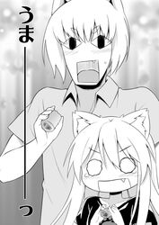  1boy 1girl animal_ears binsen comic d:&lt; dog_ears eating fang food long_hair monochrome open_mouth original paw_print short_hair sweat t-shirt tears translation_request 