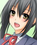 1girl :d black_hair brown_eyes close-up creek_(moon-sky) face green_background hair_between_eyes highres k-on! nakano_azusa open_mouth school_uniform simple_background smile solo 