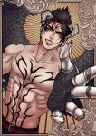  black_hair border claws devil_jin dutch_angle emphasis_lines facial_mark fangs forehead_jewel grin haruka4413 horns outside_border reaching_out shirtless smile tattoo tekken wings yellow_eyes 