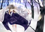  1girl alternate_costume bare_tree blonde_hair dress forest hair_ribbon hat japanese_clothes kimono long_hair moriya_suwako nature no_legwear purple_dress pyonta red_ribbon ribbon snow solo tagme touhou tree very_long_sleeves wide_sleeves zhu_xiang 