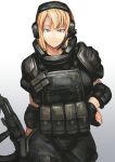  1girl ak-103 armor assault_rifle blonde_hair blue_eyes bomb_suit fingerless_gloves gun headphones hetza_(hellshock) military original tagme weapon 
