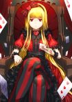  1girl alice_in_wonderland bangs blonde_hair blunt_bangs card chair crossed_legs dress frills hair_ornament hairband heart heart_hair_ornament holding long_hair looking_at_viewer pantyhose playing_card queen_of_hearts rec red red_eyes serious solo striped throne wrist_cuffs 