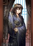  1girl artist_name brown_eyes brown_hair character_name chinese_clothes company_name copyright_name hanshi jewelry lieqi_hun long_hair looking_at_viewer mole mole_under_eye official_art parted_lips ring sangokushi_taisen sangokushi_taisen_tcg solo 