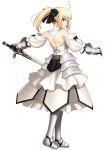  1girl absurdres armor armored_boots armored_dress black_ribbon blonde_hair fate/grand_order fate_(series) from_behind gauntlets highres higurashi_ryuuji holding_sword holding_weapon looking_at_viewer official_art ponytail ribbon saber saber_lily solo transparent_background yellow_eyes 