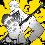  1boy black_gloves black_lightning bracelet charlotte_katakuri fangs gloves highres holding holding_polearm holding_weapon jewelry monochrome muscular muscular_male one_piece polearm short_hair simple_background solo spiked_bracelet spikes stitched_mouth stitches tattoo topless_male weapon white_hair yellow_background yotsumi_shiro 