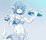  1girl alternate_costume animal_ears bikini dra drill_hair head_fins japanese_clothes kimono mermaid monochrome monster_girl muscle short_hair smile solo swimsuit touhou underwater wakasagihime weightlifting 