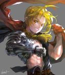  1boy abs belt blonde_hair braid cape edward_elric fullmetal_alchemist grin holding_cape kim_yura_(goddess_mechanic) male_focus mechanical_arm signature smile solo upper_body yellow_eyes 