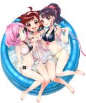  3girls ahoge bikini black_hair blue_eyes blush bob_cut flower hair_flower hair_ornament hair_ribbon hairband hose karakuri_hitoha kasukabe_haru ko_ru_ri kujou_ume looking_at_viewer multiple_girls navel open_mouth pink_hair ponytail pool red_eyes ribbon short_hair smile splashing swimsuit tokyo_7th_sisters water 