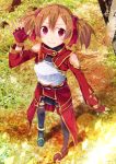  1girl 2mota breastplate brown_hair female fingerless_gloves gloves highres red_eyes short_twintails silica solo sword_art_online thigh-highs twintails waving 