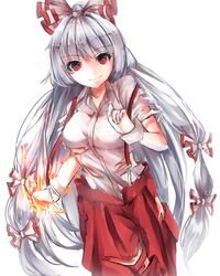  1girl fire fujiwara_no_mokou hair_ribbon highres long_hair red_eyes ribbon silver_hair smile suspenders torn_clothes touhou very_long_hair wrist_cuffs yozakura_retei 