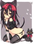  1girl animal_ears arched_back arm_support bandages bare_shoulders black_gloves black_hair black_legwear black_panties boots bow cat cat_ears cat_tail choker gloves hair_between_eyes hair_bow hair_ornament highres kneeling long_hair lyu original panties paw_pose side-tie_panties single_elbow_glove small_breasts solo tail thigh-highs thigh_boots underwear yellow_eyes 