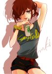  1girl :p arm_behind_head collarbone cup drinking hair_over_one_eye love_live!_school_idol_project nishikino_maki purin_(purin0) redhead shorts solo straw tongue tongue_out violet_eyes 