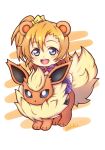  1girl animal_ears bear_ears blue_eyes brown_hair chibi crossover flareon highres kousaka_honoka love_live!_school_idol_project miloku pokemon pokemon_(creature) riding school_uniform short_hair side_ponytail tail 