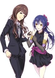  2girls bangs black_bowtie black_dress black_gloves blazer blue_hair blunt_bangs blush bowtie brown_eyes brown_hair chilhoo88 collared_shirt dress earrings elbow_gloves flower_earrings formal gloves hair_between_eyes hair_ornament highres holding_hands jewelry long_hair long_sleeves looking_at_viewer love_live!_school_idol_project mimori_suzuko multiple_girls pant_suit polka_dot_bowtie real_life sash seiyuu seiyuu_connection shirt simple_background sleeveless sleeveless_dress smile soldier_game sonoda_umi suit white_background 