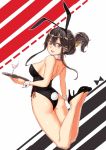 1girl alternate_hairstyle animal_ears ass black_hair brown_eyes bunnysuit detached_collar folded_ponytail from_behind haruna_(kantai_collection) high_heels jumping kantai_collection long_hair looking_back poco_(backboa) rabbit_ears tray wrist_cuffs 