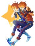  2boys ahoge aoi_kyosuke aoi_yusuke arm_on_shoulder bishounen black_gloves blue-framed_eyewear boots brothers buttons closed_eyes collared_shirt epaulettes fingerless_gloves glasses gloves idolmaster idolmaster_side-m male_focus multiple_boys orange_hair reason!!_(idolmaster) shirt siblings smile star_(symbol) takerusilt twins w_(idolmaster) white_background white_footwear 