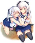  2girls bare_legs bare_shoulders barefoot black_legwear blue_eyes blush food green_eyes hair_ornament hair_ribbon hairclip heterochromia hug kneeling long_hair mishima_kurone multiple_girls open_mouth original pleated_skirt ponytail red_eyes ribbon school_uniform serafuku shaved_ice silver_hair sitting skirt smile spoon suspenders thigh-highs twintails waist_hug yokozuwari 