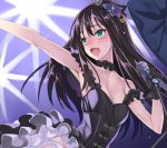  1girl :d black_dress black_gloves blush breasts cleavage dress flower gloves green_eyes hair_flower hair_ornament idolmaster idolmaster_cinderella_girls long_hair matsuryuu microphone microphone_stand neck_garter open_mouth panties pantyshot shibuya_rin smile sweat tears underwear 