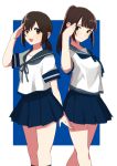  2girls black_hair cosplay fubuki_(kantai_collection) fubuki_(kantai_collection)_(cosplay) kantai_collection long_hair looking_at_viewer multiple_girls neckerchief ponytail real_life salute school_uniform seiyuu seiyuu_connection serafuku sinsihukunokonaka skirt smile uesaka_sumire 