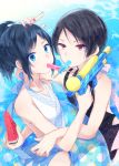  2boys black_hair blue_eyes blue_hair crossdressinging food fruit high_ponytail innertube kashuu_kiyomitsu kumomo_(kirara317) long_hair looking_at_viewer male_focus mole mole_under_eye mole_under_mouth mouth_hold multiple_boys nail_polish one-piece_swimsuit ponytail popsicle red_eyes red_nails shinsengumi swimsuit touken_ranbu water water_gun watermelon yamato-no-kami_yasusada 