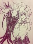  2girls aebj akuma_homura black_hair empty_eyes long_hair mahou_shoujo_madoka_magica miki_sayaka monochrome multiple_girls school_uniform short_hair sketch skirt traditional_media 