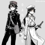  1boy 1girl bag belt black_hair hat kitsu_chiri kudou_jun long_hair mailman military military_uniform necktie red_eyes sayonara_zetsubou_sensei short_hair sword tadano_kagekichi uniform weapon 