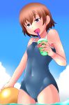  1girl brown_hair competition_school_swimsuit drink girls_und_panzer school_swimsuit short_hair swimsuit tanaka_rikimaru tsuchiya_(girls_und_panzer) violet_eyes 