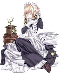  1girl aqua_eyes blonde_hair corded_phone doa_(wabisabi) gloves highres maid original phone pocket_watch ponytail solo watch 