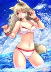  1girl animal_ears bikini blonde_hair grin highres original red_eyes smile splashing suzumushi swimsuit tail wolf_ears 