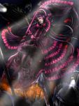  1girl battle blood blood_on_face blood_splatter chama_(painter) dress frilled_dress frills gate_-_jieitai_ka_no_chi_nite_kaku_tatakaeri glowing glowing_eyes gothic_lolita grin halberd helicopter jumping lolita_fashion long_hair polearm purple_hair rape_face red_eyes rory_mercury smile very_long_hair weapon wide_sleeves 