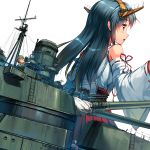  1girl bare_shoulders black_hair brown_eyes cannon detached_sleeves fairy_(kantai_collection) hair_ornament hairband haruna_(kantai_collection) headgear highres hino_katsuhiko japanese_clothes kantai_collection long_hair mecha_musume military nontraditional_miko solo turret 