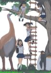  4girls akinbo_(hyouka_fuyou) bird black_hair branch brown_eyes climbing in_tree long_hair moa_(bird) multiple_girls open_mouth original penguin rope_ladder school_uniform serafuku sitting sitting_in_tree skirt smile tree twintails 