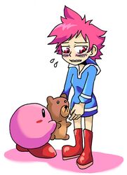  blush boots embarrassed hoodie kirby kirby_(series) knee_boots kumatora mother_(game) mother_3 no_pants pink_eyes pink_hair setz short_hair stuffed_animal stuffed_toy sweatdrop sweater_dress teddy_bear white_background 