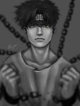  blurry broken broken_chain chain chained_wrists depth_of_field en_(en-chune) greyscale headband monochrome partially_colored saiyuki signature son_goku_(saiyuki) yellow_eyes 