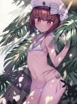  1girl arched_back bikini blush breasts brown_eyes brown_hair character_name from_side groin hat kantai_collection kureaki_(exit) leaf looking_at_viewer machinery midriff navel outdoors parted_lips sailor_bikini sailor_hat short_hair small_breasts swimsuit thighs tree under_tree white_bikini z3_max_schultz_(kantai_collection) 