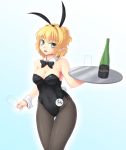  1girl animal_ears bare_shoulders black_legwear blonde_hair blush bowtie breasts bunny_girl bunny_tail bunnysuit cleavage cup detached_collar fake_animal_ears gluteal_fold gomi_(gomitin) green_eyes large_breasts looking_at_viewer mizuhashi_parsee open_mouth pantyhose pointy_ears rabbit_ears short_hair simple_background solo tail thigh_gap touhou tray wine_bottle wine_glass wrist_cuffs 